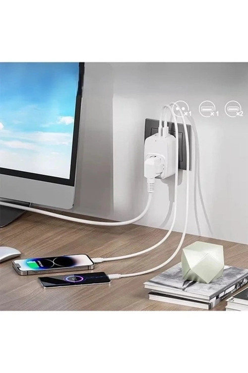 Epilons Tekli Yüksek Voltaj Korumalı Duvar Prizi 2x Type-c 1x Usb Çıkışlı Priz Grup Priz Çoğaltıcı Beyaz 2