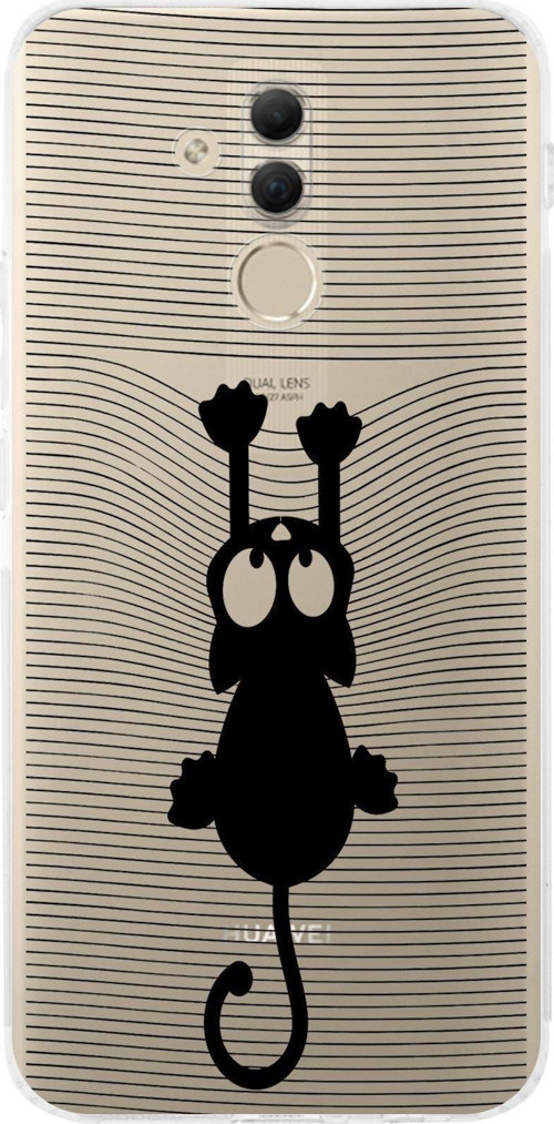 Huawei Mate 20 Lite Kamera Korumalı Kapak Çizgi Kedi (Siyah) Tasarımlı Şeffaf Kılıf
