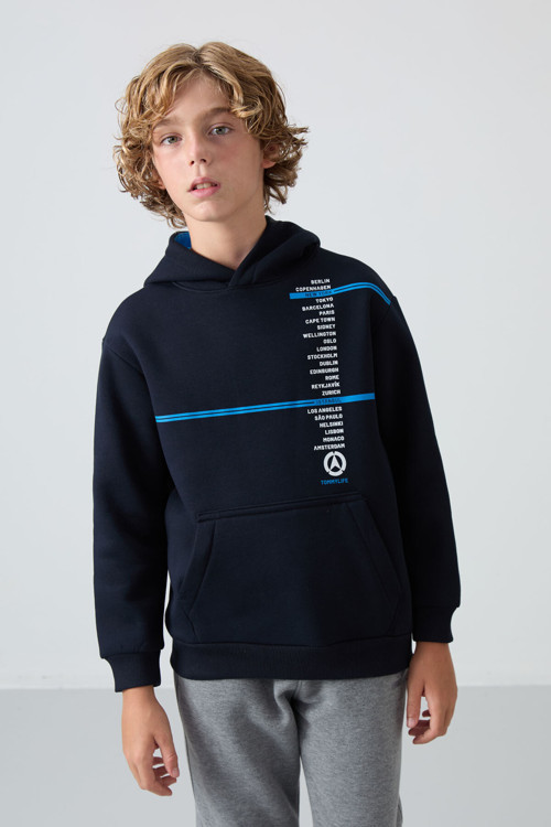 Lacivert Pamuklu Kalın İçi Tüylü Yumuşak Dokulu Standart Fit Baskılı Erkek Çocuk Sweatshirt - 11239