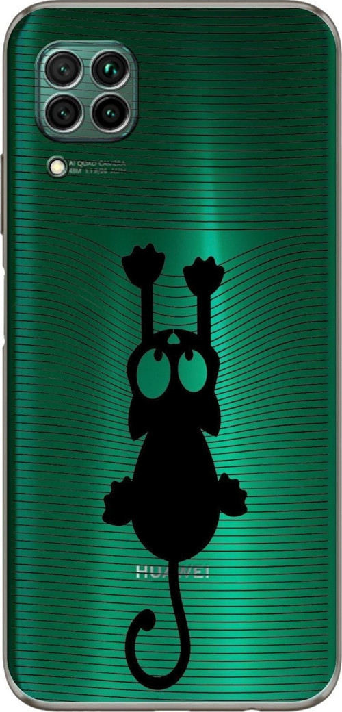 Huawei P40 Lite Kamera Korumalı Kapak Çizgi Kedi (Siyah) Tasarımlı Şeffaf Kılıf