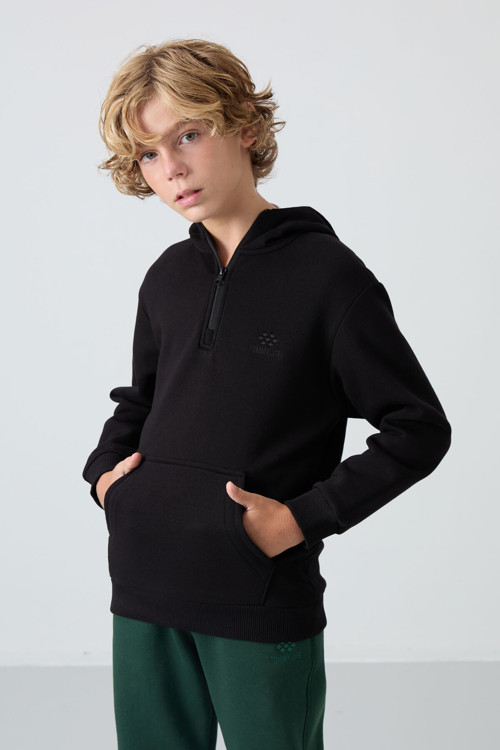Siyah Pamuklu Kalın İçi Tüylü Yumuşak Dokulu Standart Fit Nakışlı Erkek Çocuk Sweatshirt - 11244