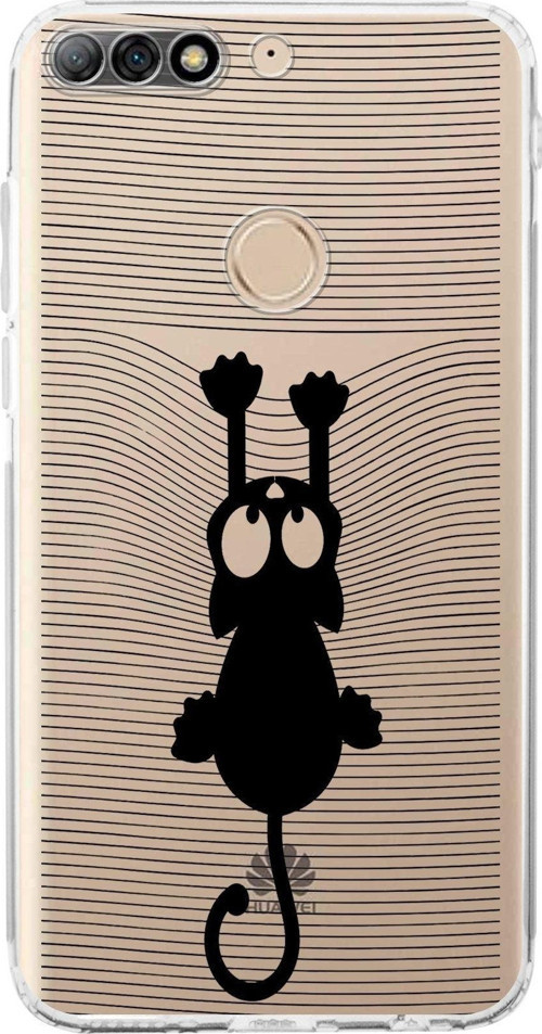 Huawei Y7 2018 Kamera Korumalı Kapak Çizgi Kedi (Siyah) Tasarımlı Şeffaf Kılıf