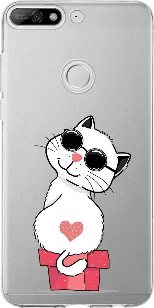 Huawei Y7 2018 Uyumlu Kapak Coolcat Tasarımlı Şeffaf Silikon Kılıf