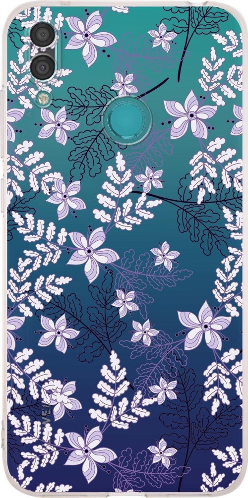 Huawei Y7 2019 Kamera Korumalı Kapak Floral Lila Tasarımlı Şeffaf Kılıf