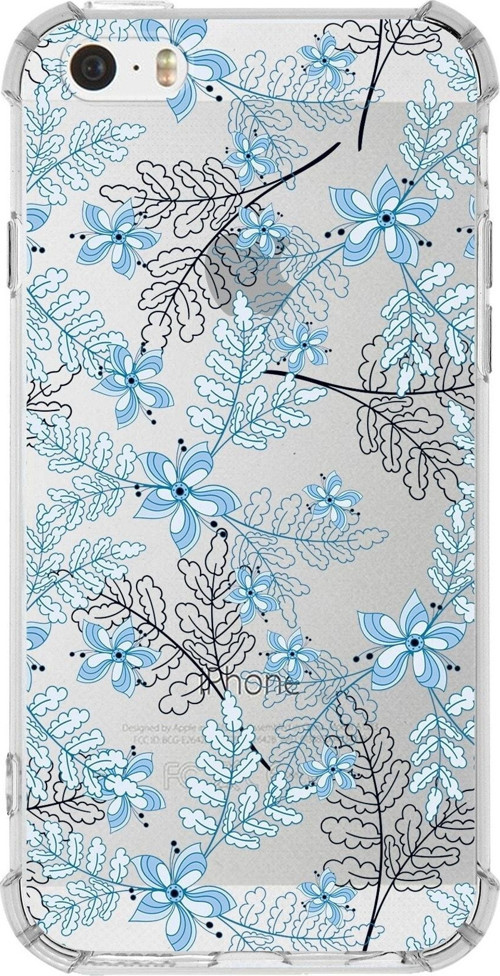 Iphone 5Se Uyumlu Köşe Korumalı Antişok Kapak Floral Mavi Tasarımlı Şeffaf Kılıf