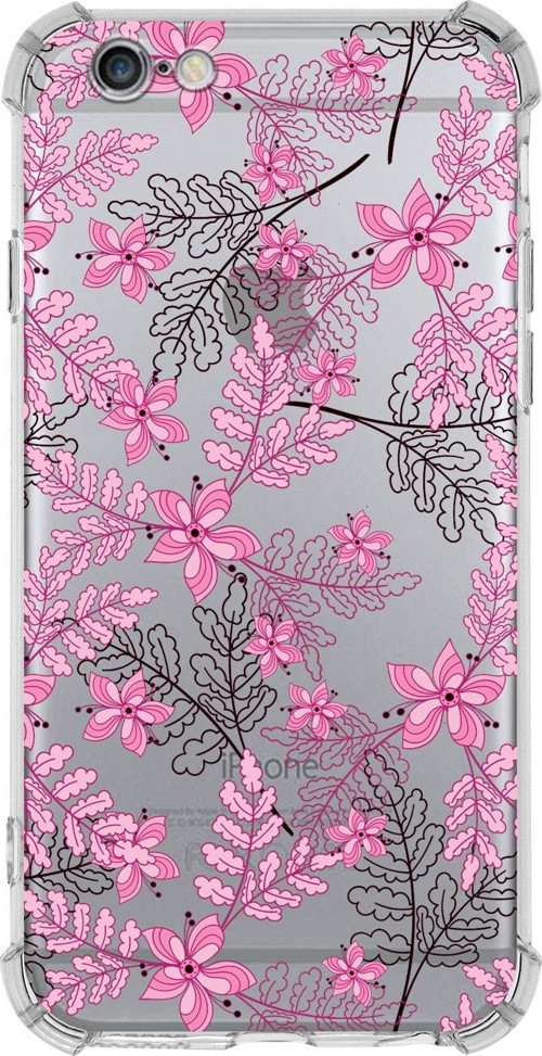 Iphone 6 Plus Uyumlu Köşe Korumalı Antişok Kapak Floral Pembe Tasarımlı Şeffaf Kılıf