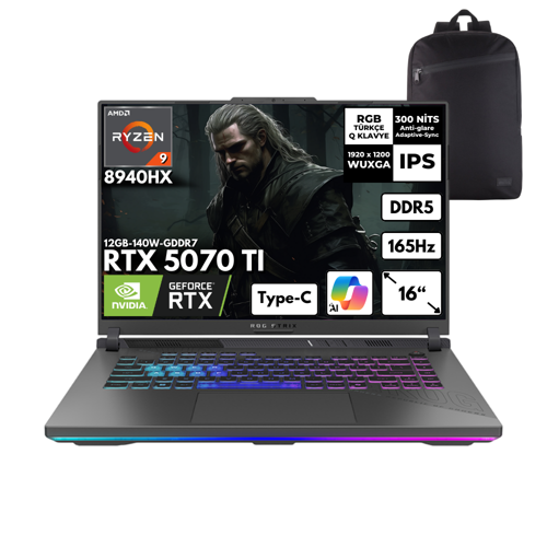 ROG Strix G16 Ryzen 9-8940HX 32GB 4 TBSSD RTX5070TI (12GB) 16" WUXGA Win 11 Pro + S. Çantası G614PR-RV051HMF21