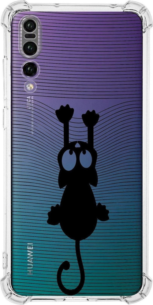 Huawei P20 Pro Köşe Korumalı Antişok Kapak Çizgi Kedi (Siyah) Tasarımlı Şeffaf Kılıf
