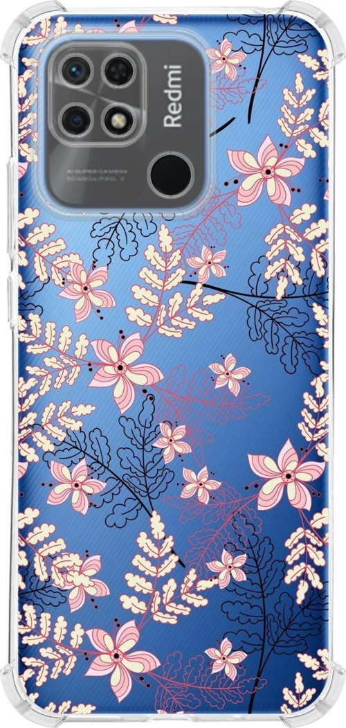 Redmi 10C Köşe Korumalı Antişok Kapak Floral Kırmızı Tasarımlı Şeffaf Kılıf