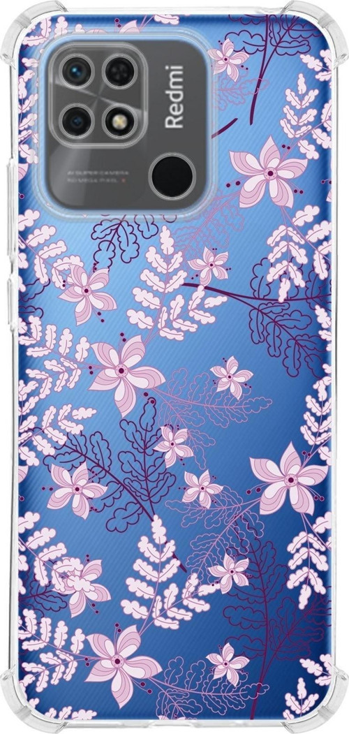 Redmi 10C Köşe Korumalı Antişok Kapak Floral Pudra Tasarımlı Şeffaf Kılıf
