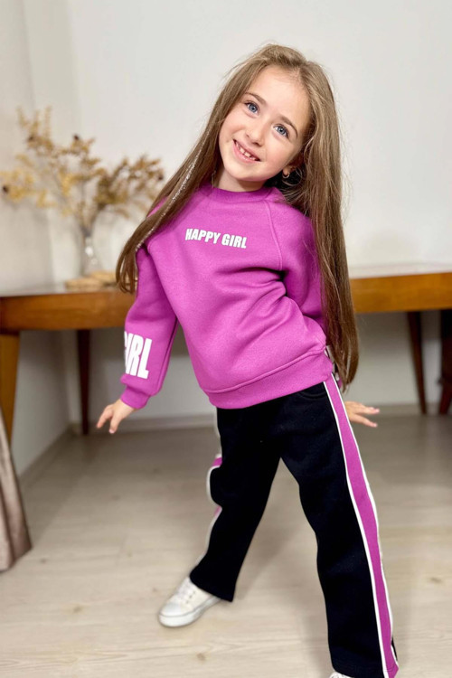 Kız Çocuk Kollarında ve Göğsünde Girl Yazı Detaylı Mor Sweat Şerit Detaylı Eşofman Takım
