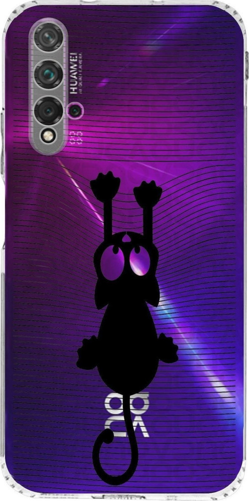 Huawei Nova 5T Kamera Korumalı Kapak Çizgi Kedi (Siyah) Tasarımlı Şeffaf Kılıf