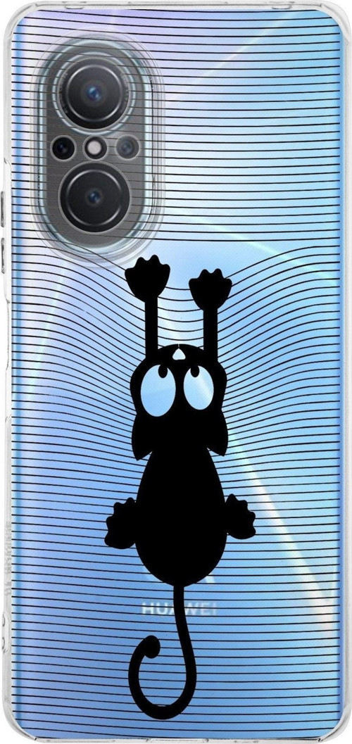 Huawei Nova 9 Se Kamera Korumalı Kapak Çizgi Kedi (Siyah) Tasarımlı Şeffaf Kılıf