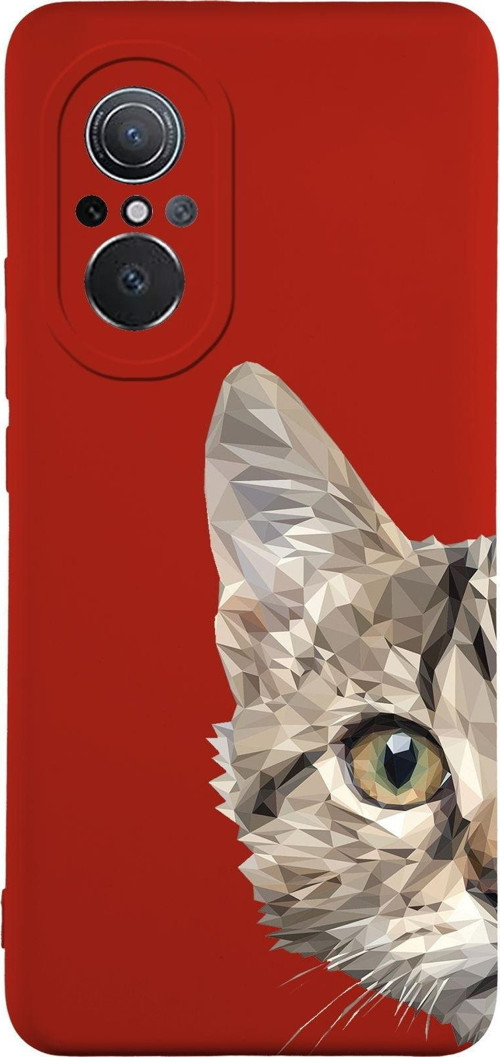 Huawei Nova 9Se Uyumlu Lansman Kılıf Catface Tasarımlı Içi Kadife Kapak-Kırmızı