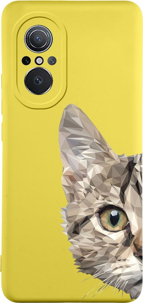 Huawei Nova 9Se Uyumlu Lansman Kılıf Catface Tasarımlı Içi Kadife Kapak-Sarı