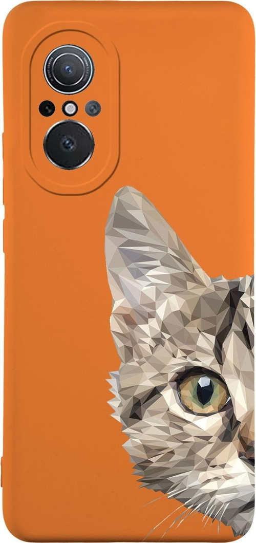 Huawei Nova 9Se Uyumlu Lansman Kılıf Catface Tasarımlı Içi Kadife Kapak-Turuncu