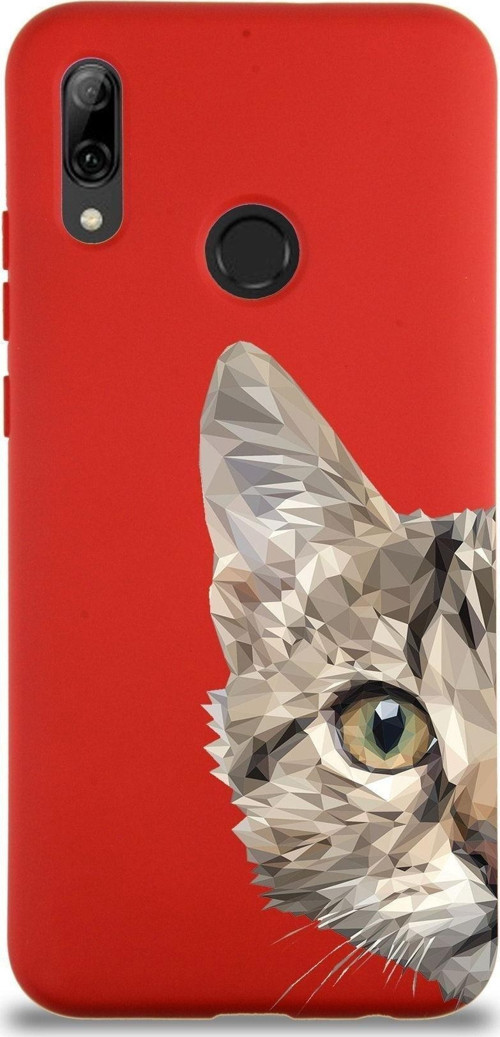 Huawei P Smart 2019 Uyumlu Lansman Kılıf Catface Tasarımlı Içi Kadife Kapak-Kırmızı