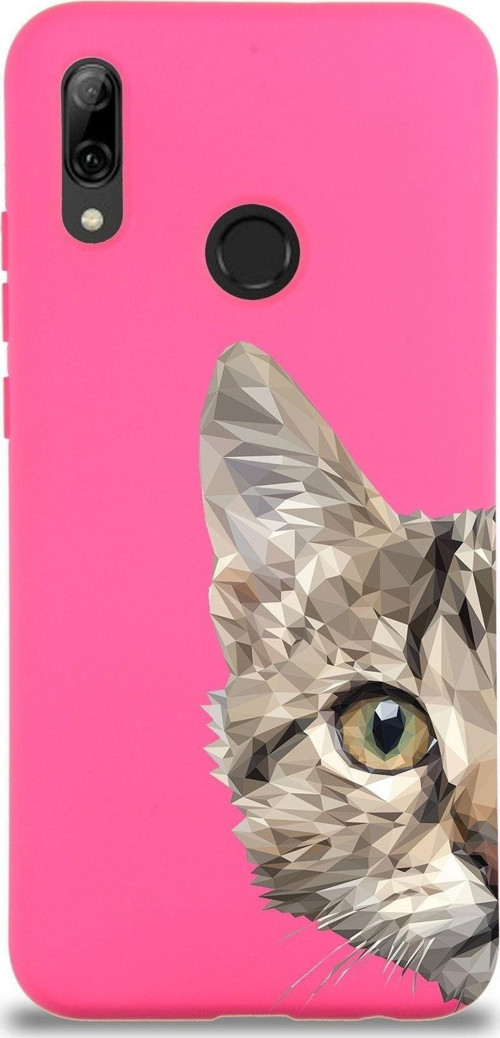 Huawei P Smart 2019 Uyumlu Lansman Kılıf Catface Tasarımlı Içi Kadife Kapak-Neon Pembe