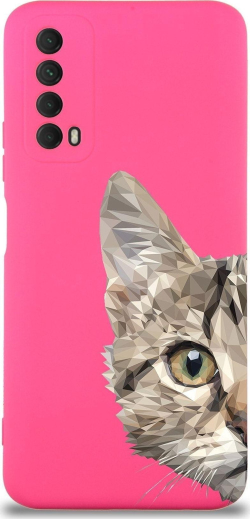 Huawei P Smart 2021 Uyumlu Lansman Kılıf Catface Tasarımlı Içi Kadife Kapak-Neon Pembe