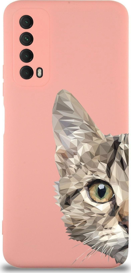 Huawei P Smart 2021 Uyumlu Lansman Kılıf Catface Tasarımlı Içi Kadife Kapak-Pembe