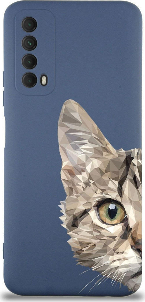 Huawei P Smart 2021 Uyumlu Lansman Kılıf Catface Tasarımlı Içi Kadife Kapak-Petrol Mavisi