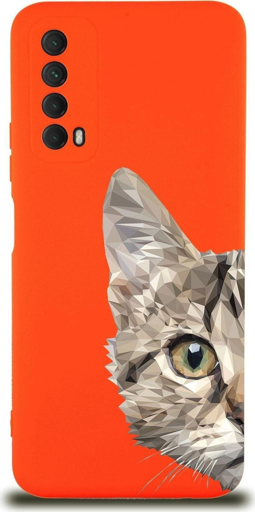 Huawei P Smart 2021 Uyumlu Lansman Kılıf Catface Tasarımlı Içi Kadife Kapak-Turuncu