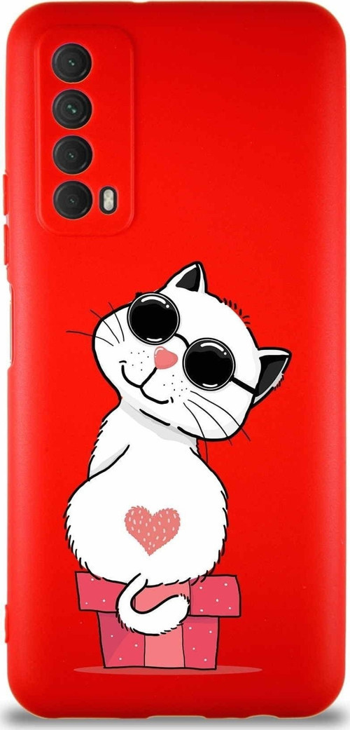 Huawei Y7A Soft Premier Kapak Coolcat Tasarımlı Silikon Kılıf - Kırmızı