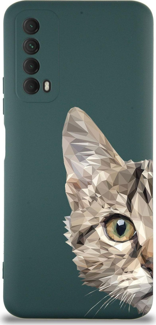 Huawei P Smart 2021 Uyumlu Lansman Kılıf Catface Tasarımlı Içi Kadife Kapak-Yeşil