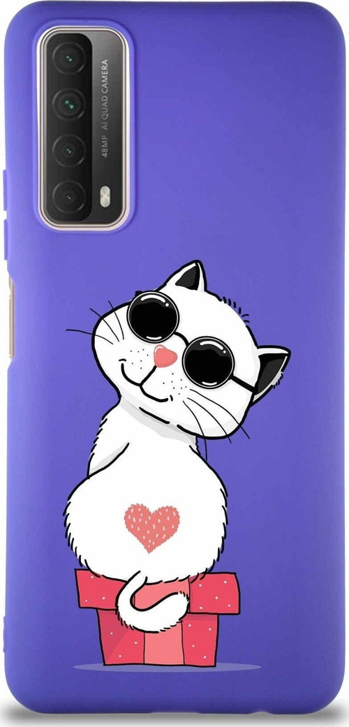 Huawei Y7A Soft Premier Kapak Coolcat Tasarımlı Silikon Kılıf - Mor