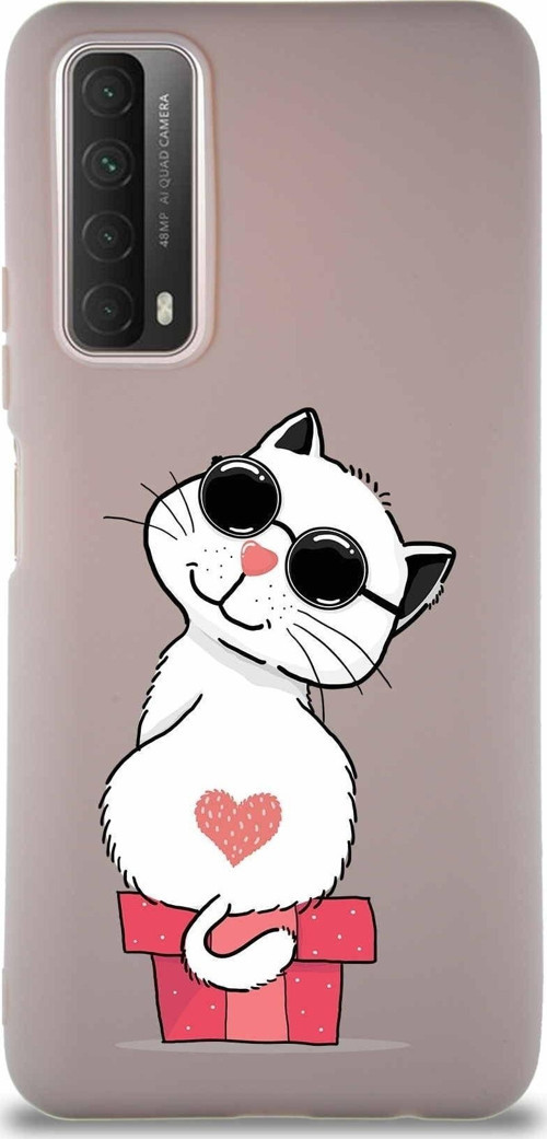 Huawei Y7A Soft Premier Kapak Coolcat Tasarımlı Silikon Kılıf - Pudra