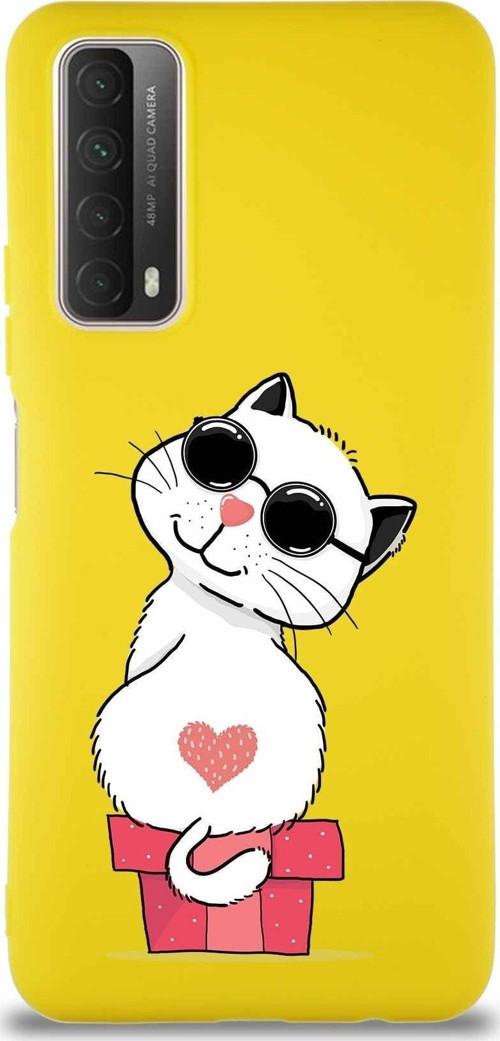 Huawei Y7A Soft Premier Kapak Coolcat Tasarımlı Silikon Kılıf - Sarı