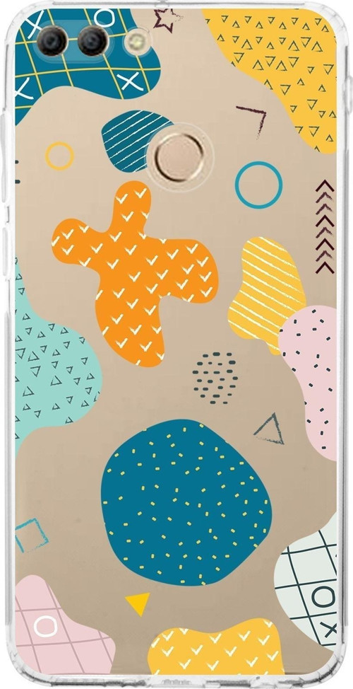 Huawei Y9 2018 Uyumlu Kamera Korumalı Kapak Geometrik Şekiller Tasarımlı Şeffaf Kılıf