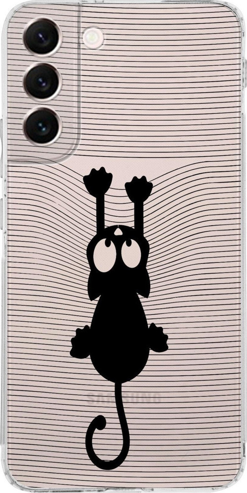 Samsung Galaxy S22 Plus Kamera Korumalı Kapak Çizgi Kedi Tasarımlı Şeffaf Kılıf