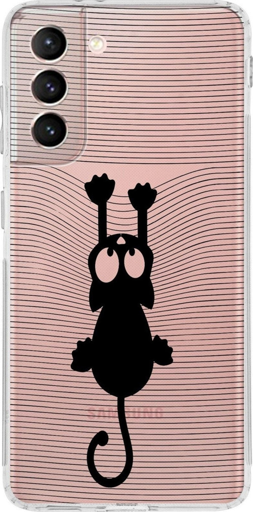 Samsung Galaxy S21 Kamera Korumalı Kapak Çizgi Kedi Tasarımlı Şeffaf Kılıf