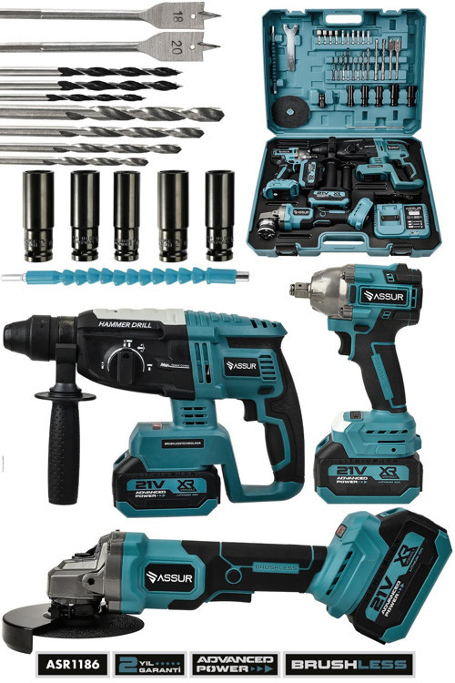 21V Çift Akülü 3'lü Set Somun Sıkma Sökme+Kırıcı Delici Hilti+Taşlama