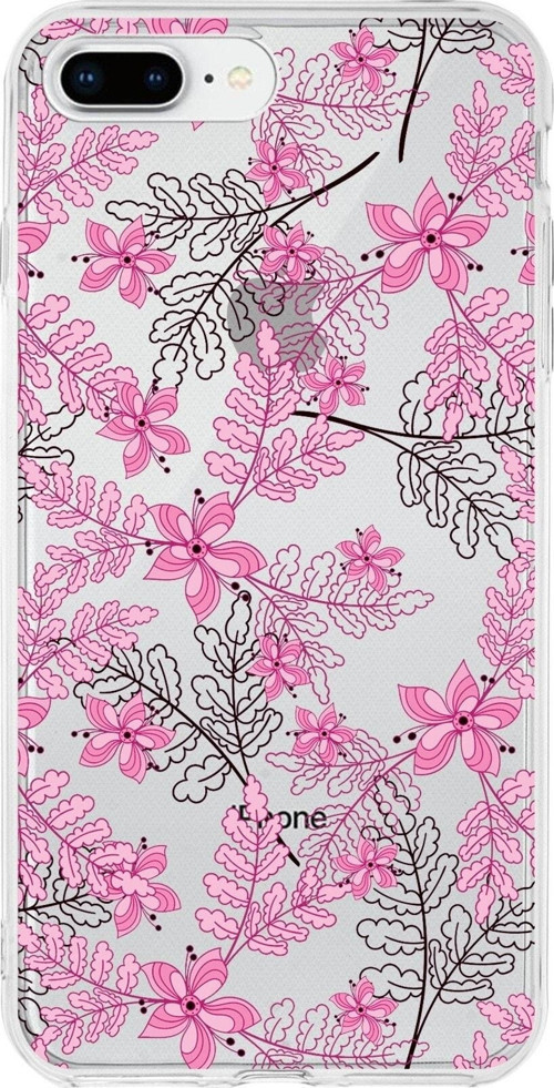 Iphone 8 Plus Uyumlu Kapak Floral Pembe Tasarımlı Şeffaf Silikon Kılıf