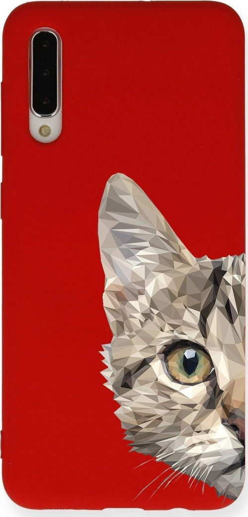 Samsung Galaxy A50 Uyumlu Lansman Kılıf Catface Tasarımlı Içi Kadife Kapak-Kırmızı