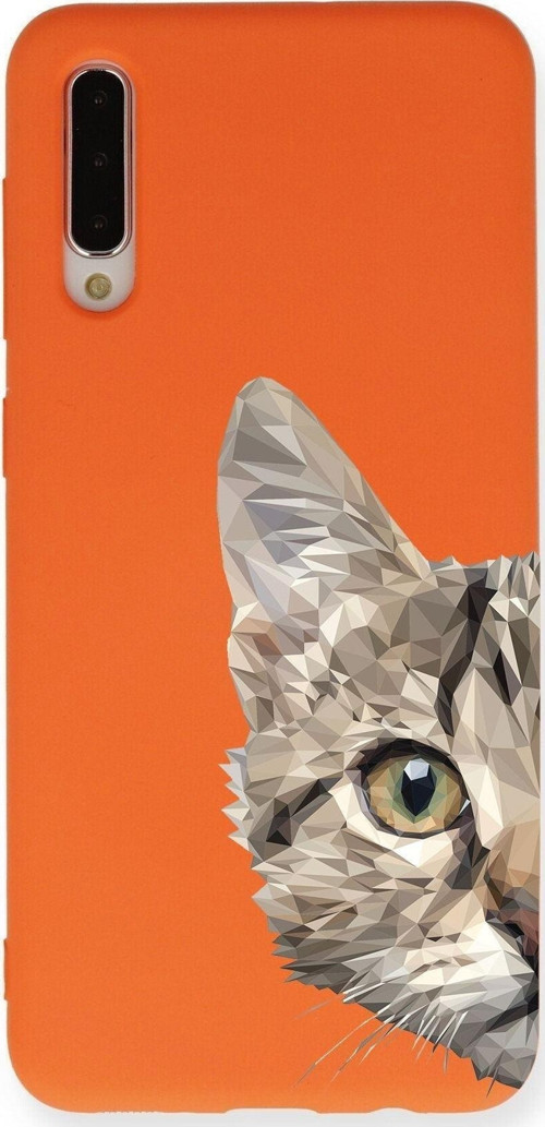 Samsung Galaxy A50 Uyumlu Lansman Kılıf Catface Tasarımlı Içi Kadife Kapak-Turuncu