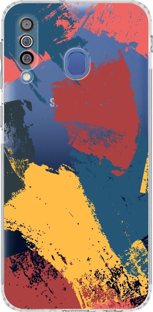 Samsung Galaxy M30 Uyumlu Kamera Korumalı Kapak Brushstroke Tasarımlı Şeffaf Kılıf