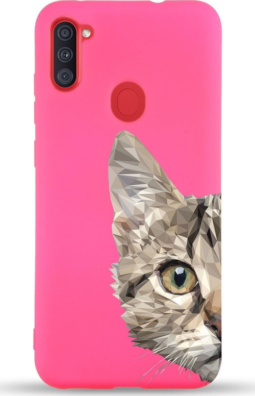 Samsung Galaxy M11 Uyumlu Lansman Kılıf Catface Tasarımlı Içi Kadife Kapak-Neon Pembe