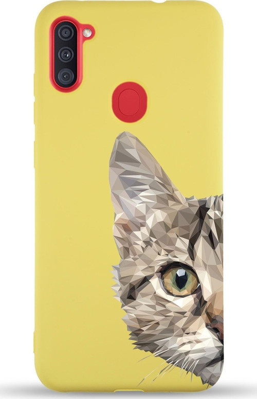 Samsung Galaxy M11 Uyumlu Lansman Kılıf Catface Tasarımlı Içi Kadife Kapak-Sarı