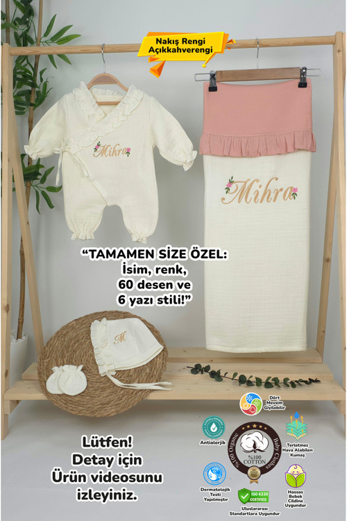 Müslin Yeni Doğan 4Katlı Organik %100Pamuk Kişiye Özgü Nakışlı Hastane Çıkış Seti (Papatya Model-11)
