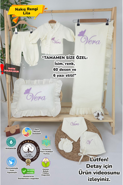- Müslin Yeni Doğan 4Katlı Organik %100Pamuk Kişiye Özgü Nakışlı Hastane Çıkış Seti(Tekli Kelebek-1)