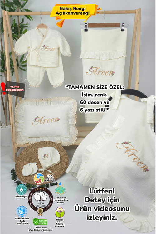 Müslin Yeni Doğan 4Katlı Organik %100Pamuk Kişiye Özgü Nakışlı Hastane Çıkış Seti-Papatya