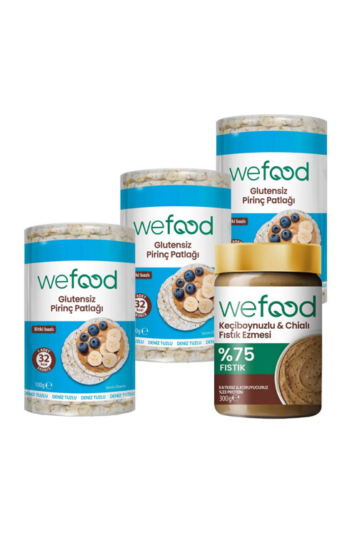 Keçiboynuzlu & Chialı Fıstık Ezmesi 300 g + Wefood Glutensiz Pirinç Patlağı 100 gr 3'lü