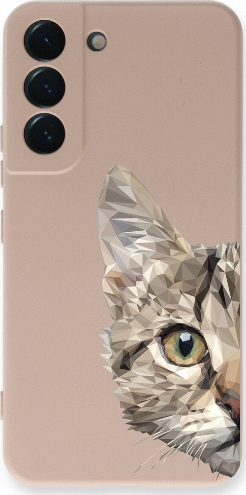 Samsung Galaxy S22 Plus Uyumlu Lansman Kılıf Catface Tasarımlı Içi Kadife Kapak-Pudra