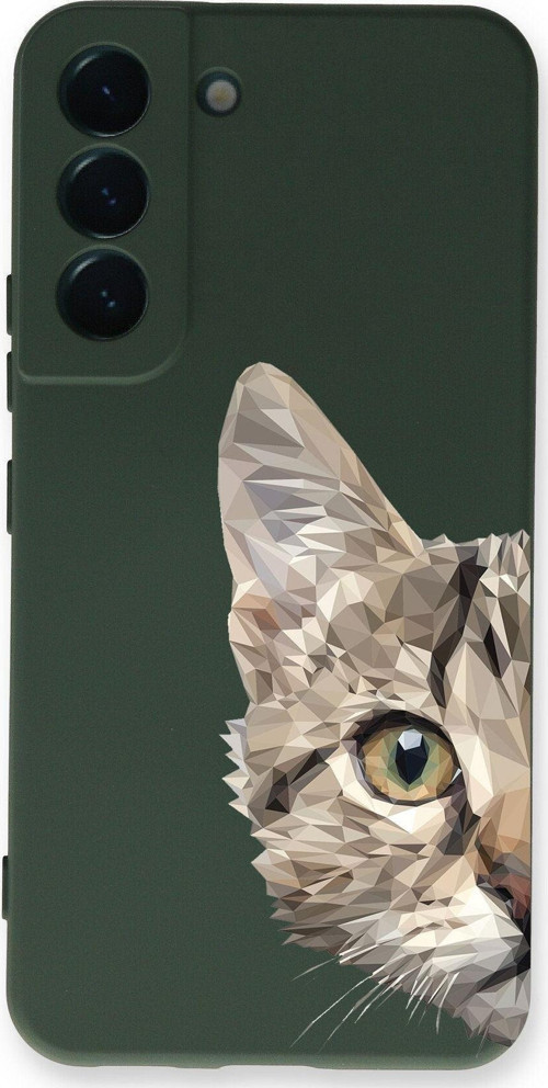 Samsung Galaxy S22 Plus Uyumlu Lansman Kılıf Catface Tasarımlı Içi Kadife Kapak-Yeşil