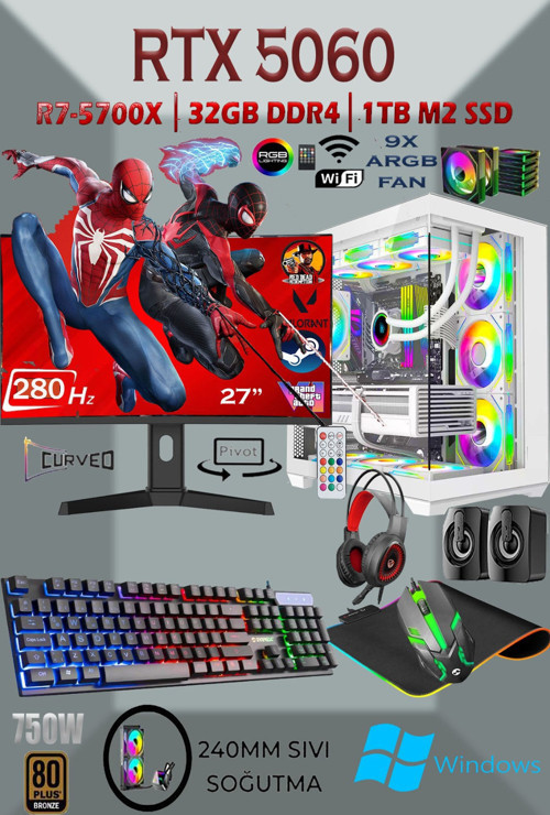 TCW1 Ryzen 7 5700X 32GB 1TB M.2 SSD RTX5060 27'' 280HZ Sıvı Soğutmalı Beyaz Masaüstü Oyuncu Bilgisayarı