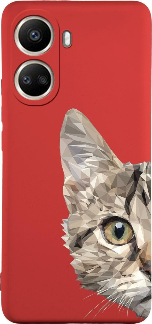 Vivo Y16 Uyumlu Lansman Kılıf Catface Tasarımlı Içi Kadife Kapak-Kırmızı