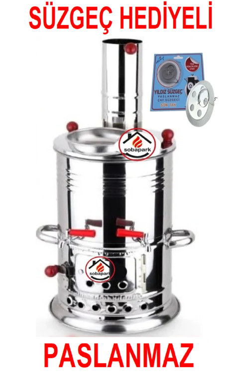 Çift Musluklu Odunlu Kömürlü Çay Semaveri Odunlu Kömürlü Paslanmaz Semaver 5 Litre